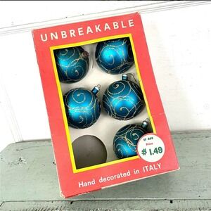 Vintage Christmas Tree Ornaments Plastic Hand Decorated Italy Box Blue SET5